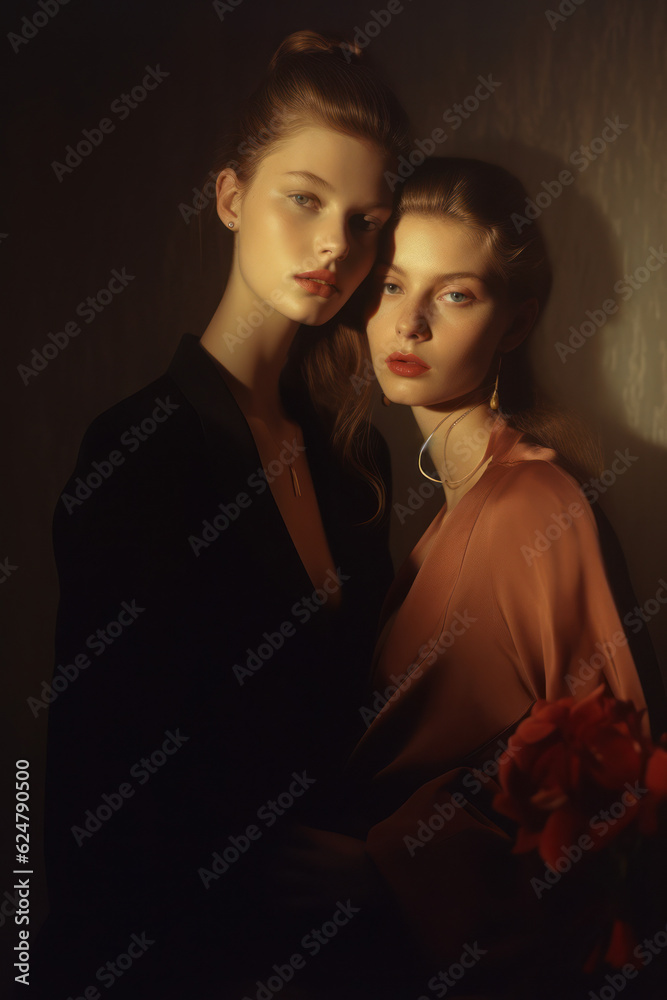portrait of two women/models/book characters in daylight scene for lgbtq + awareness embracing in a fashion/beauty editorial magazine style film photography look - generative ai art