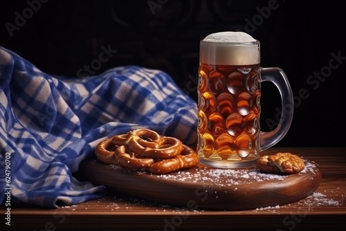 Oktoberfest beer with pretzel, wheat and hops on wooden table.  Generative AI