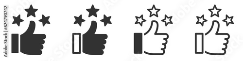 Thumbs up with star icons set. Like symbol collection. Thumb up flat and outline signs - stock vector.