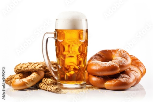 Bavarian beer mug with pretzel on white background. Generative AI