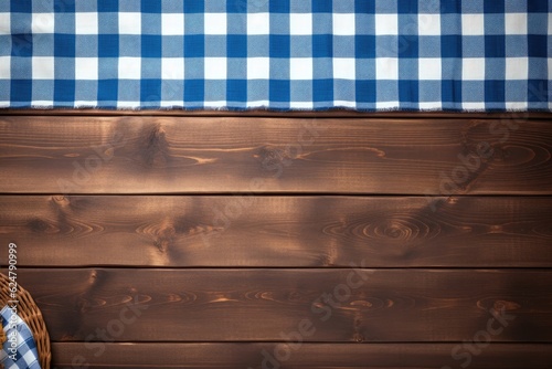 a blue checkered tablecloth on a wooden wall. Generative AI