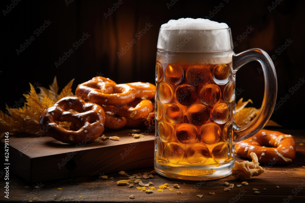 beer with pretzel, wheat and hops on wooden table. Generative AI. Generative AI beer with pretzel, wheat and hops on wooden table. Generative AI. Generative AI