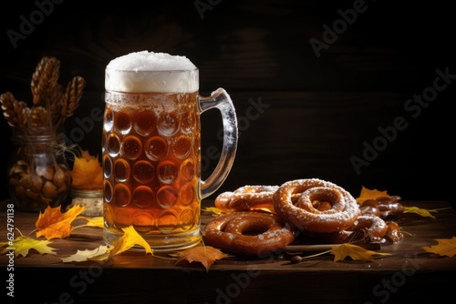  beer with pretzel  wheat and hops on wooden table.  Generative AI.  Generative AI