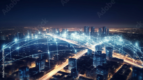 Future cyber technology  city   5G  Smart city. Digital transformation  cityscape and communication network concept  internet and global connection  Generative AI 