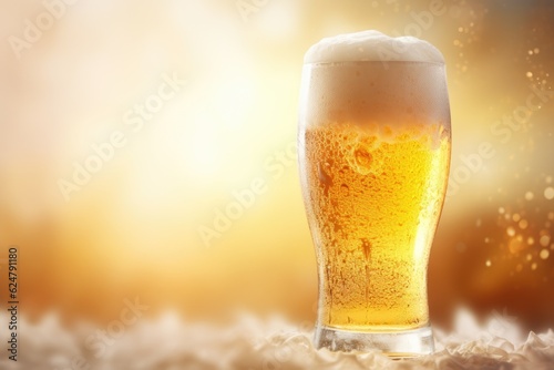 a glass of beer on a table with a blurred background and flares of light.  Generative AI