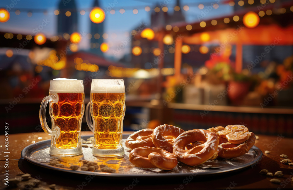  beer with a pretzel on a wooden table in a night pub.  Generative AI