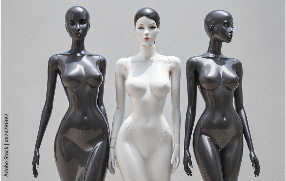 Plastic mannequins of stylish girls, monumental art of elegant women, fashionable design of models on an empty background
