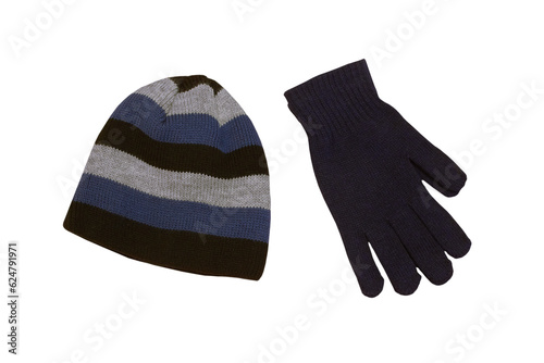 winter gloves and a hat on a white background,men's winter clothes, mittens and cap isolated
