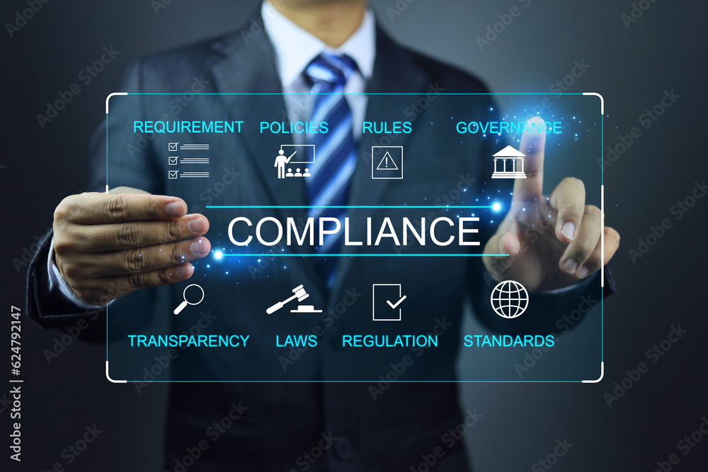 Virtual screen compliance graphic applied to governance in each destination. Concept of legal certification of different countries or procedures for import and export of goods. Virtual screen compliance graphic applied to governance in each destination. Concept of legal certification of different countries or procedures for import and export of goods.