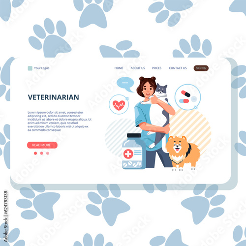 Vector web banner of a veterinary clinic and a pattern with pet paws. A female veterinarian holds a cat in her arms and consults a dog online. Animal Hospital