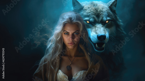 A mesmerizing artwork showcasing a fantastical duo: a woman with flowing robes and a loyal wolf by her side. AI generated