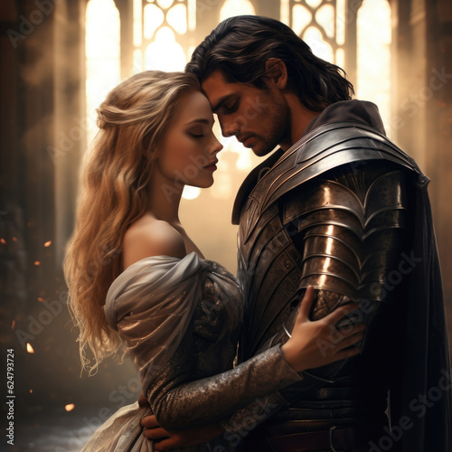 Foto wizard and a graceful enchantress share a tender embrace within the grand halls of an ancient castle, their magical love story capturing the imagination on a fantasy novel cover