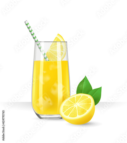 Glass of fresh lemon juice with ice and straw. Lemonade. There is a lemon next to it. Realistic vector isolated illustration