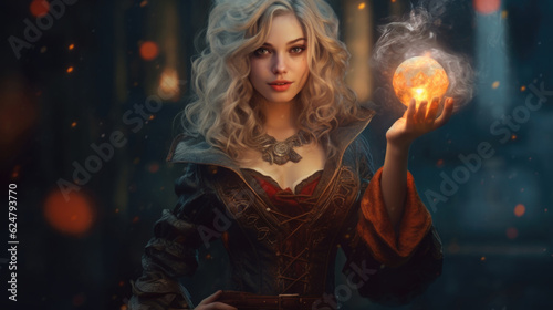 A captivating fantasy female witch with flowing hair and a mystical aura, surrounded by swirling magical energies. AI generated photo