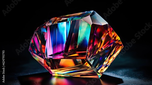 A detailed macro shot of a dazzling gemstone, with its vibrant colors and facets beautifully showcased, against a black background that provides negative space for text. Generative AI. 