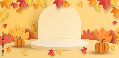 Paper cut of white cylinder podium, geometric shapes with autumn landscape for products display presentation. Vector illustration