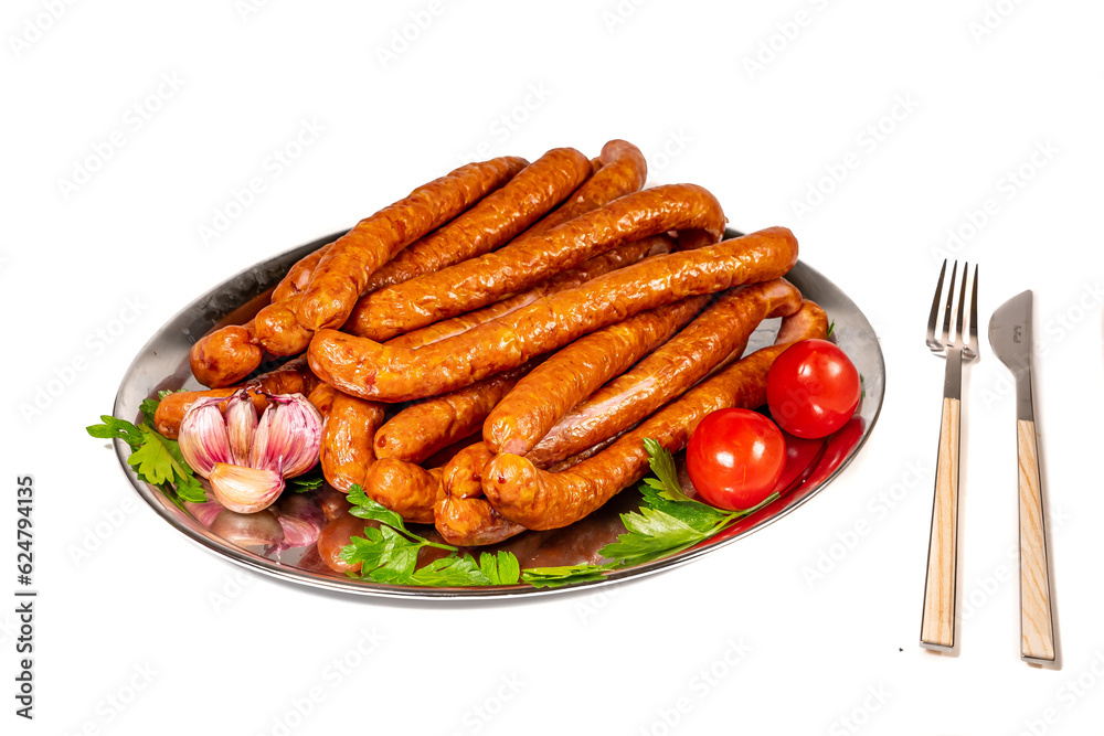 Grilled pork beef sausages, Oktoberfest dishes, isolated on white background.