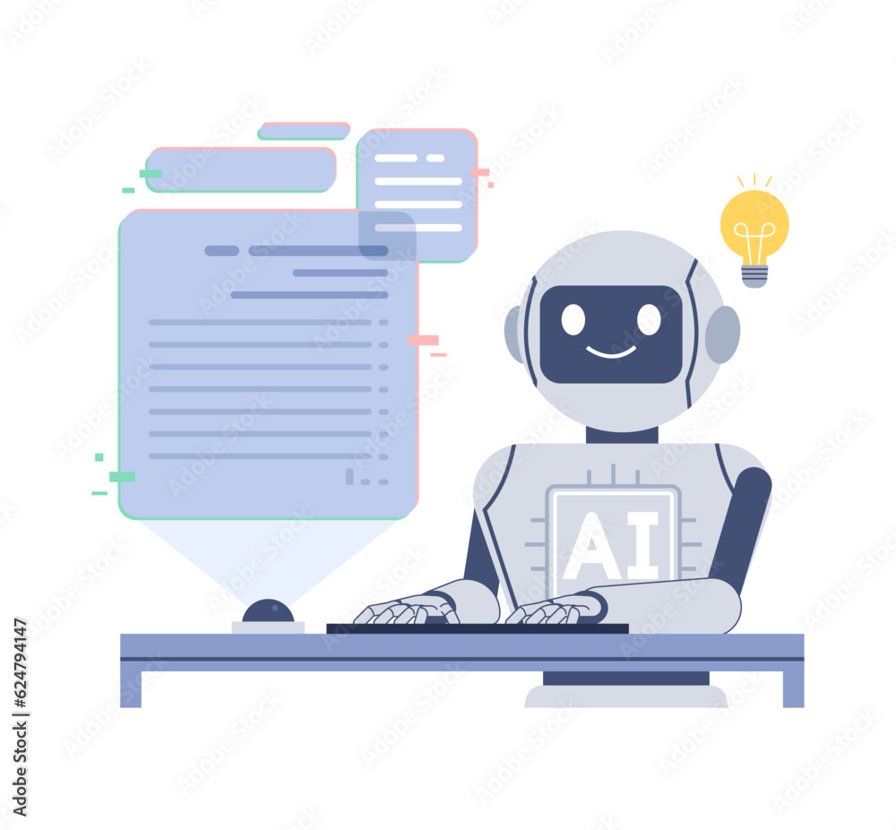 An AI robot is writing. Artificial intelligence writer concept illustration.