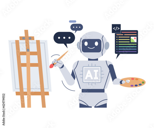 An AI robot is painting with a brush on an easel. Artificial intelligence painter concept illustration.