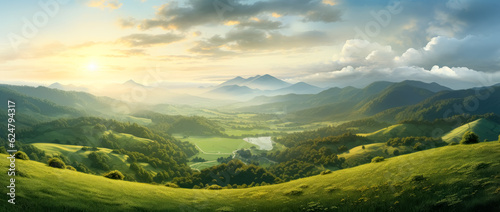 Beautiful sunshine spreads with warm colors around the green grass and fields with a view around the mountains landscapes, Switzerland mountains at sunset.