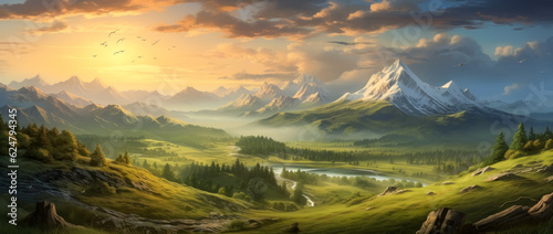 Beautiful sunshine spreads with warm colors around the green grass and fields with a view around the mountains landscapes, Switzerland mountains at sunset.