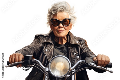 Grandmother riding a chopper motorbike isolated on white background
