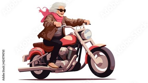 Grandmother riding a chopper motorbike isolated on white background