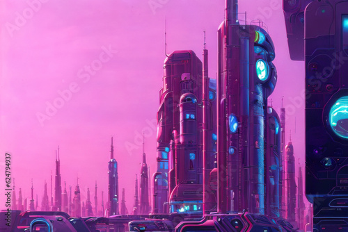 Cyberpunk urban scene. City of a future. Futuristic Generative AI illustration in purple and pink colors. Nostalgic classic cyberpunk wallpaper in 80's retro style. Aesthetics of sci-fi drawings. 