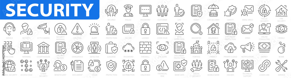 Fototapeta premium Security icon set. Secured payment, encryption, safety, insurance, detector, sensor, locked, password, cybersecurity, data protection, key, shield, lock, unlock, eye access. Vector illustration.