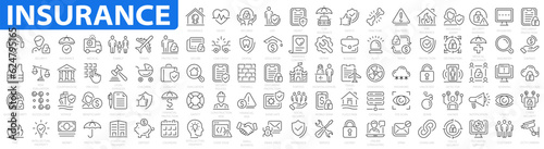 Insurance icon set. Assurance icons. Halthcare medical, life, car, home, travel insurance, safe, wounded, drown, repair. Vector illustration.