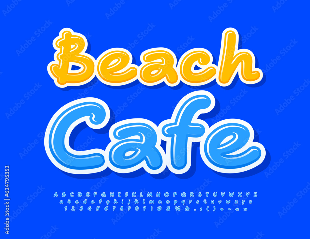 Vector bright flyer Beach Cafe. Funny glossy Font. Handwritten Alphabet Letters and Numbers.