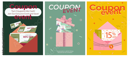 Set of coupons, flyers. Flyers with coupons, discounts, promotions, sales. Black Friday. coupon events. Card, banner, placard, poster, web banner. ready sample, template, Coupon box, Coupon envelope
