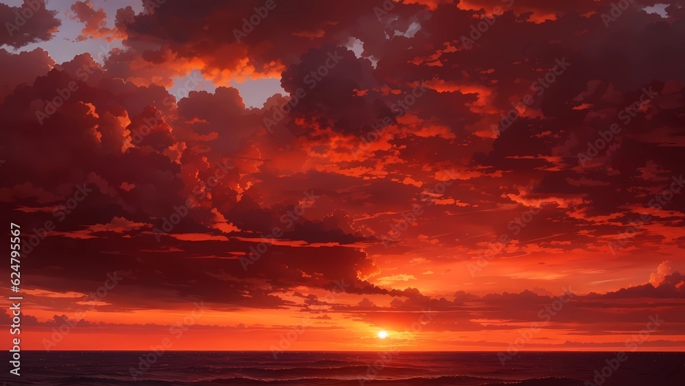 sky of deep red and oranges, with a setting sun, Generative AI