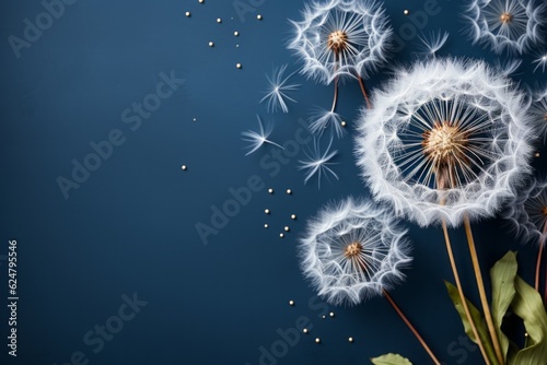 Photo of dandelions being carried away by the wind .generative ai