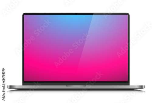 Realistic laptop with a color gradient screen and glare on a white background. A mock-up of a laptop in