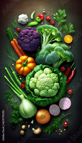 Background of fresh ripe vegetables. Harvest symbol. Vertical image. 
