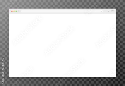 An empty browser window in white on a transparent background. Website layout with search bar, toolbar and buttons. Vector EPS 10.
