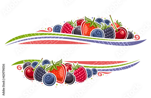 Vector border for Berries with copy space for ad text, decorative layout with illustration of garden sweet strawberry, sour cherry berry, forest blackberries, many assorted berries on white background