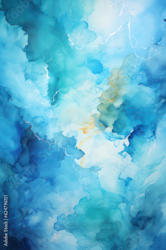 Abstract watercolor blue background, blue and gold paint. Vertical background. AI generative.