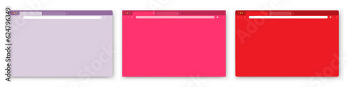 A set of three browser windows on a white background. Website layout with search bar, toolbar and buttons. Vector illustration.