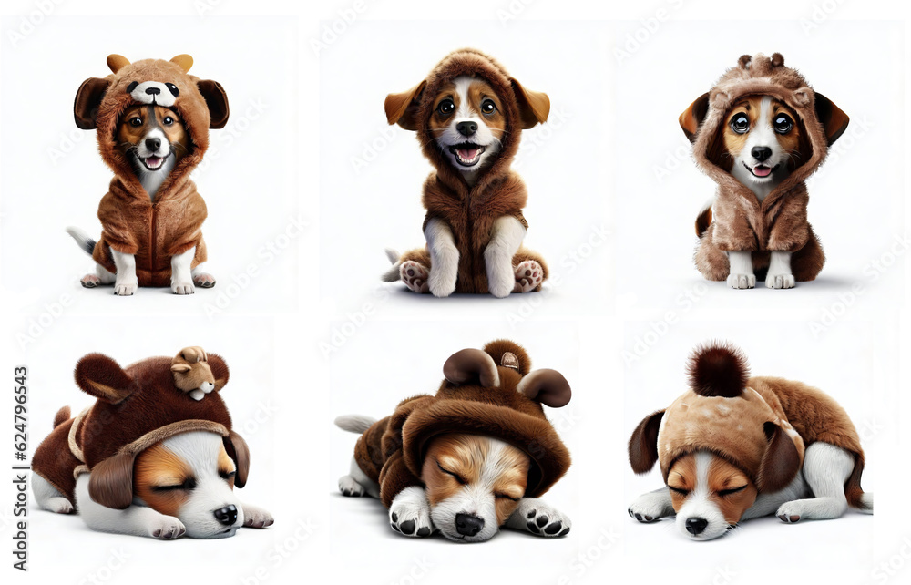 A Jack Russel Terrier puppy wearing an animal hat illustration set of 6 poses isolated on white background
