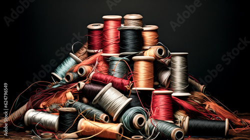 He piles colorful threads in an artistic display.