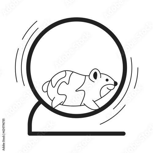 Small hamster running on wheel monochrome flat vector object. Cute pet. Editable black and white thin line icon. Simple cartoon clip art spot illustration for web graphic design