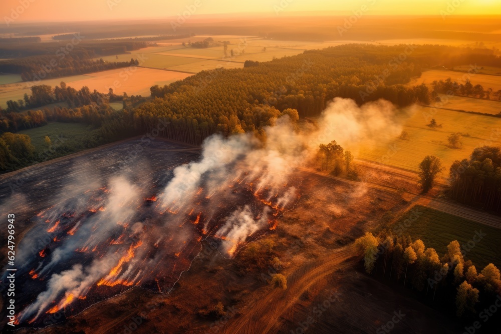 Aerial view of burning forest at sunset. Burned fields and forests.