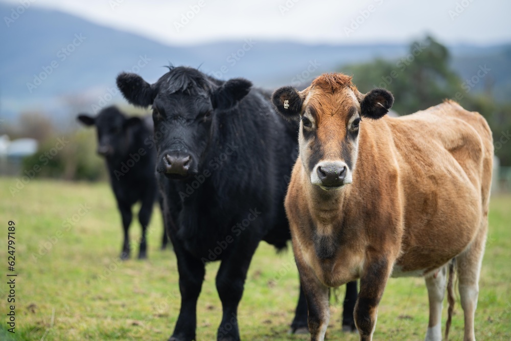 Sustainable cows in a meadow. Portrait of a cow in a field Sustainable cows in a meadow. Portrait of a cow in a field