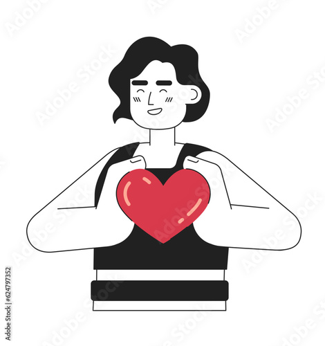 Positive brunette woman holds small heartmonochromatic flat vector character. Editable thin line half body young woman on white. Simple bw cartoon spot image for web graphic design