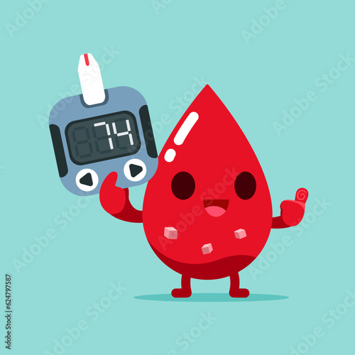Happy Cute cartoon red droplet checks control blood low sugar diabetes with a glucometer device on blue background. Vector illustration Kawaii character flat design.