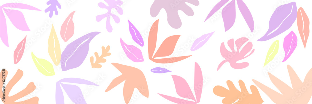 Fototapeta premium Hand drawn tropical leaves background in pastel colors. Colorful organic shapes doodle collection.