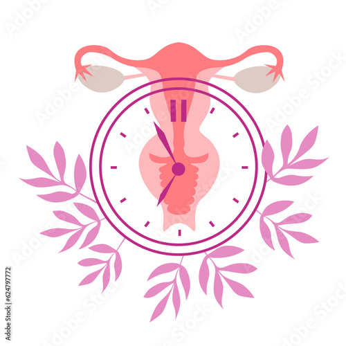 Menopause, women's health care illustration World Menopause Day. The concept of medicine, gynecology Female reproductive system with a clock. Vector flat illustration on isolated background