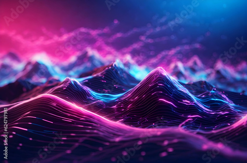 Digital Dreamscape: Abstract Futuristic Background with Vibrant Neon Waves, Data Mountains, and Bokeh Lights. A Captivating Representation of Data Transfer and a Mesmerizing Wallpaper